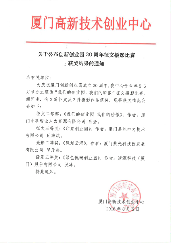 关于公布创新创业园20周年征文摄影比赛获奖结果的通知